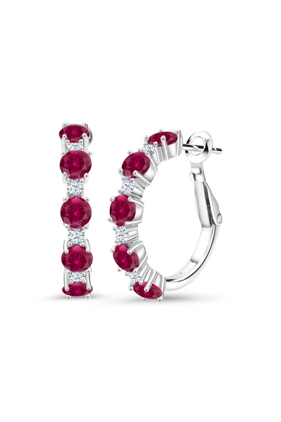 2.74 Cttw Red Created Ruby and White Zirconia CZ Hoop Earrings for Women | 925 Sterling Silver | Round 4MM and 1.9MM | 1 inch Diameter | Fine Jewelry Gifts for Her Mom Women Wife