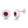 thumbnail image 1 of Gem Stone King 925 Sterling Silver Red Created Ruby on White Enamel Stud Earrings for Women Men (2.00 Cttw, Round 5MM), 1 of 3