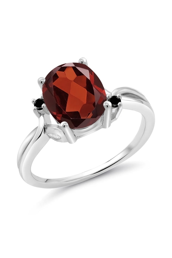 925 Sterling Silver Red Garnet and Black Diamond 3 Stone Ring for Women (2.83 Cttw, Oval 10X8MM, Gemstone January Birthstone, Size 8)