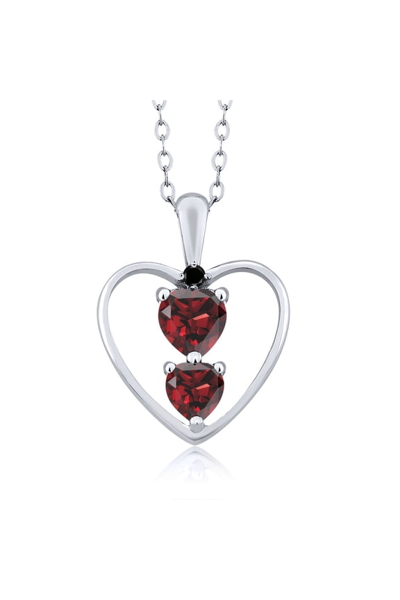 925 Sterling Silver Red Garnet and Black Diamond Pendant Necklace for Women (0.94 Cttw, Gemstone January Birthstone, Heart 5MM and 4MM, with 18 inch Silver Chain)
