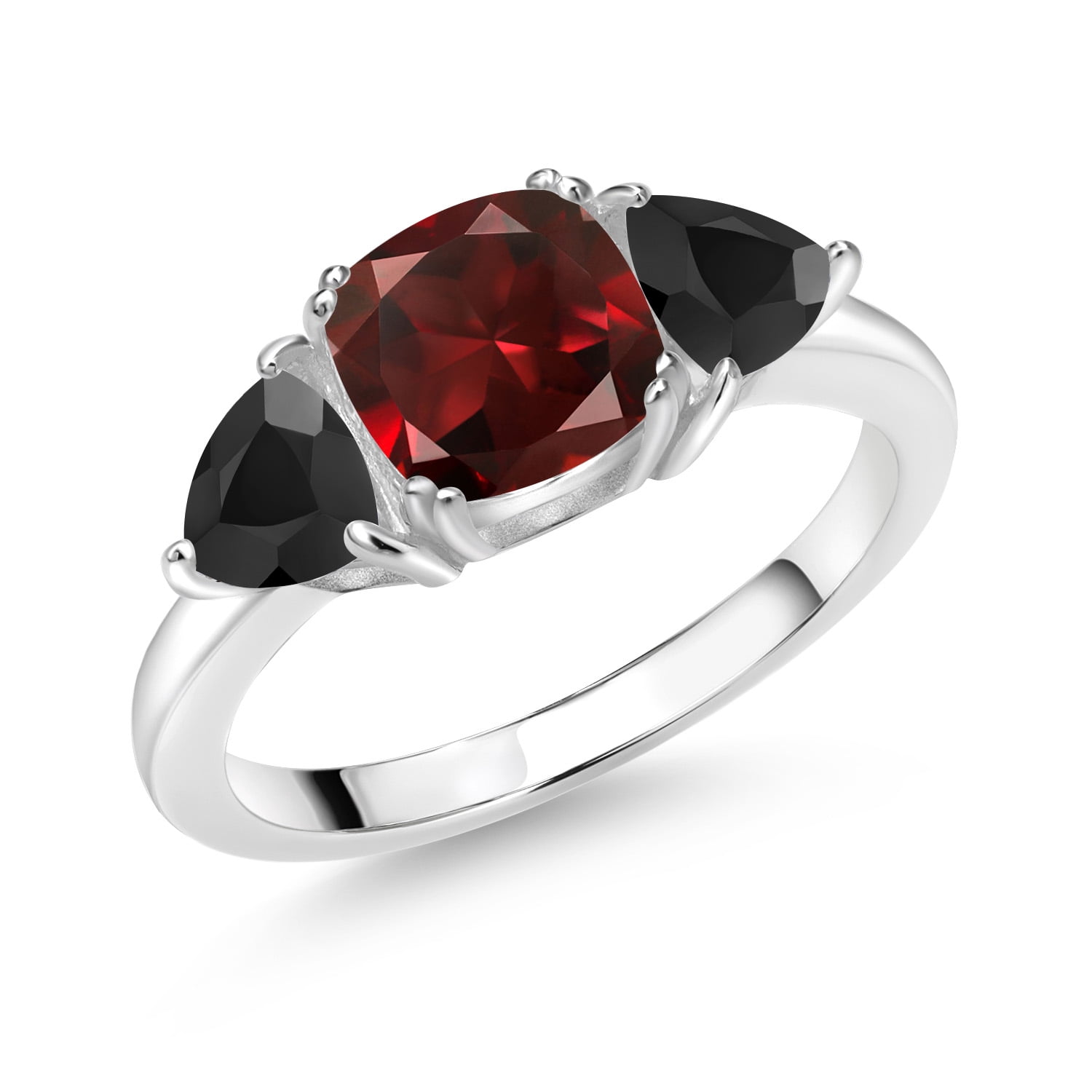 Gem Stone King 925 Sterling Silver Red Garnet and Black Onyx 3 Stone Engagement Ring for Women (2.57 Cttw, Gemstone January Birthstone, Available in Size 5, 6, 7, 8, 9)