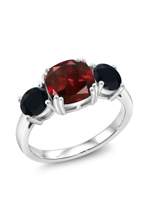 925 Sterling Silver Red Garnet and Black Onyx 3 Stone Engagement Ring for Women (3.45 Cttw, Gemstone January Birthstone, Cushion 8MM, Size 7)
