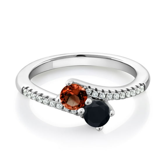 Gem Stone King 925 Sterling Silver Red Garnet and Black Onyx Bypass Ring for Women (0.83 Cttw, Gemstone January Birthstone, Round 4MM, Available in Size 5, 6, 7, 8, 9)