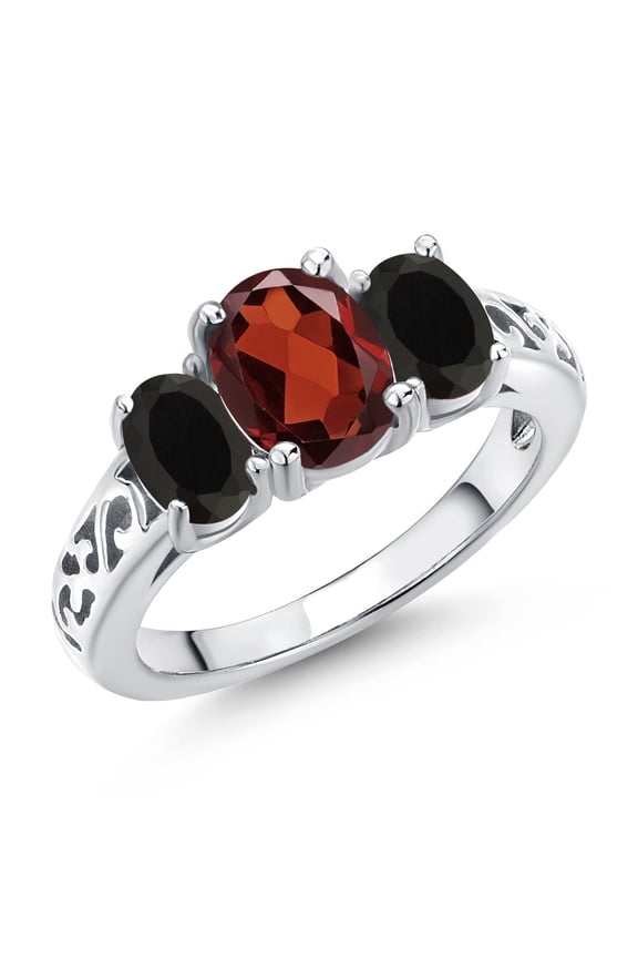 925 Sterling Silver Red Garnet and Black Onyx Filigree Style 3 Stone Ring for Women (2.30 Cttw, Oval 8X6MM and 6X4MM) (Size 7)