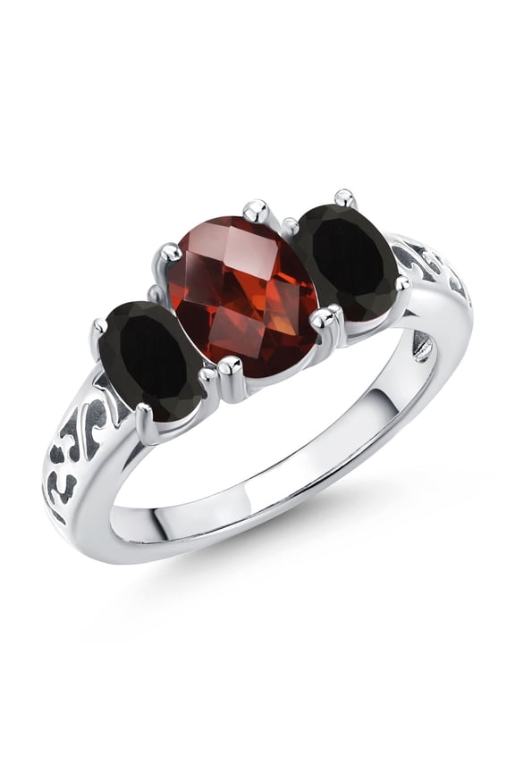 925 Sterling Silver Red Garnet and Black Onyx Filigree Style 3 Stone Ring for Women (2.33 Cttw, Oval 8X6MM and 6X4MM) (Size 8)