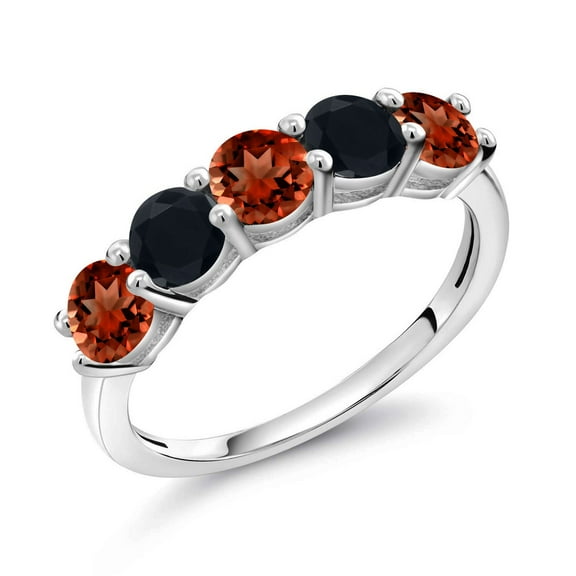 Gem Stone King 925 Sterling Silver Red Garnet and Black Onyx Wedding Band Ring for Women (0.86 Cttw, Round 3.5MM, Gemstone January Birthstone, Size 9)