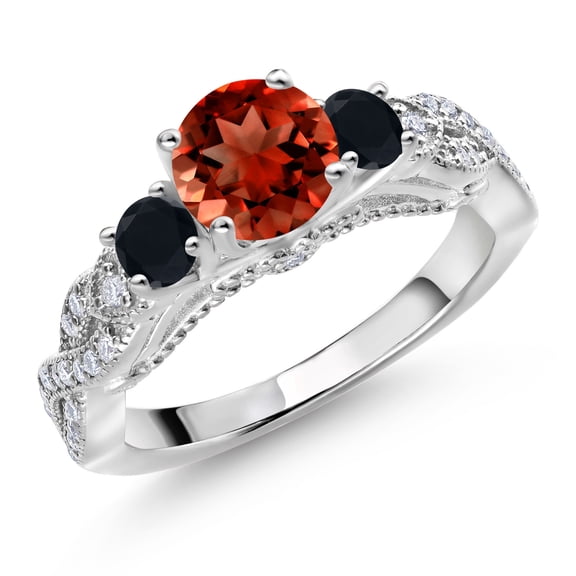 Gem Stone King 925 Sterling Silver Red Garnet Black Onyx and White Moissanite Engagement Ring for Women (1.47 Cttw, Gemstone January Birthstone, Round 6MM and 3MM, Size 8)