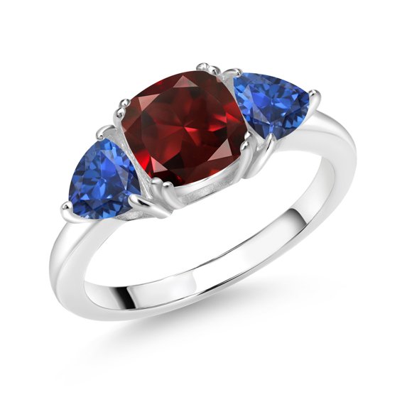 Gem Stone King 925 Sterling Silver Red Garnet and Blue Created Sapphire 3 Stone Engagement Ring for Women (2.93 Cttw, Gemstone January Birthstone, Size 5)