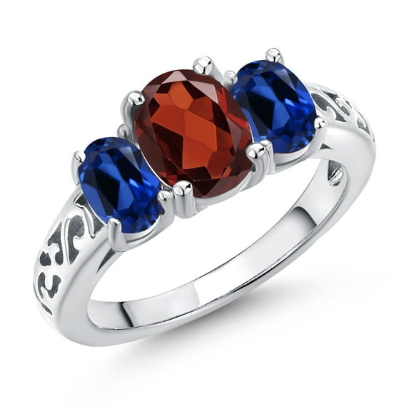 Gem Stone King 925 Sterling Silver Red Garnet and Blue Created Sapphire Filigree Style 3 Stone Ring for Women (2.70 Cttw, Oval 8X6MM and 6X4MM) (Size 7)