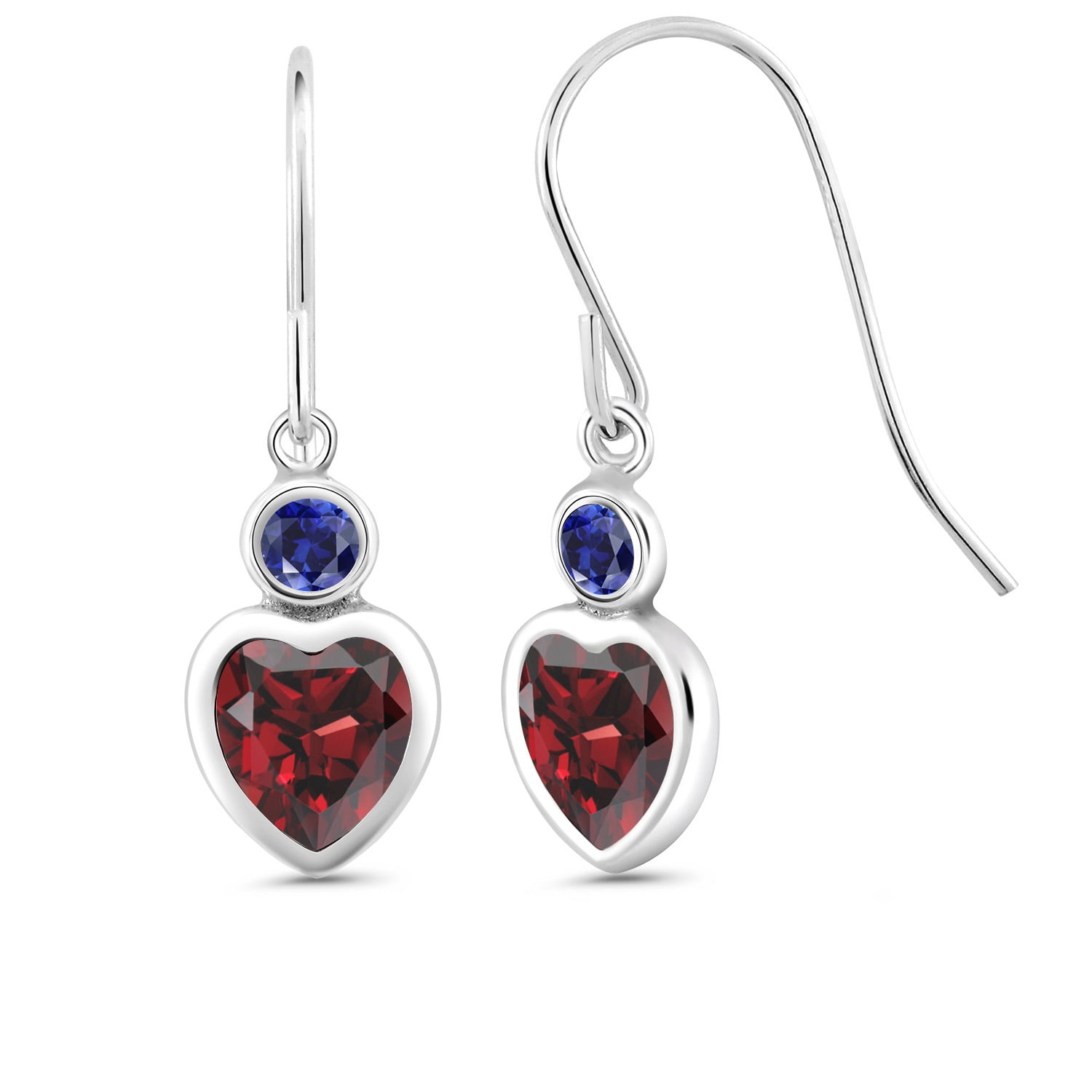 Gem Stone King 925 Sterling Silver Red Garnet and Blue Created Sapphire French Wire Dangle Hook Earrings for Women (3.04 Cttw, Gemstone January Birthstone, Heart Shape 6MM)