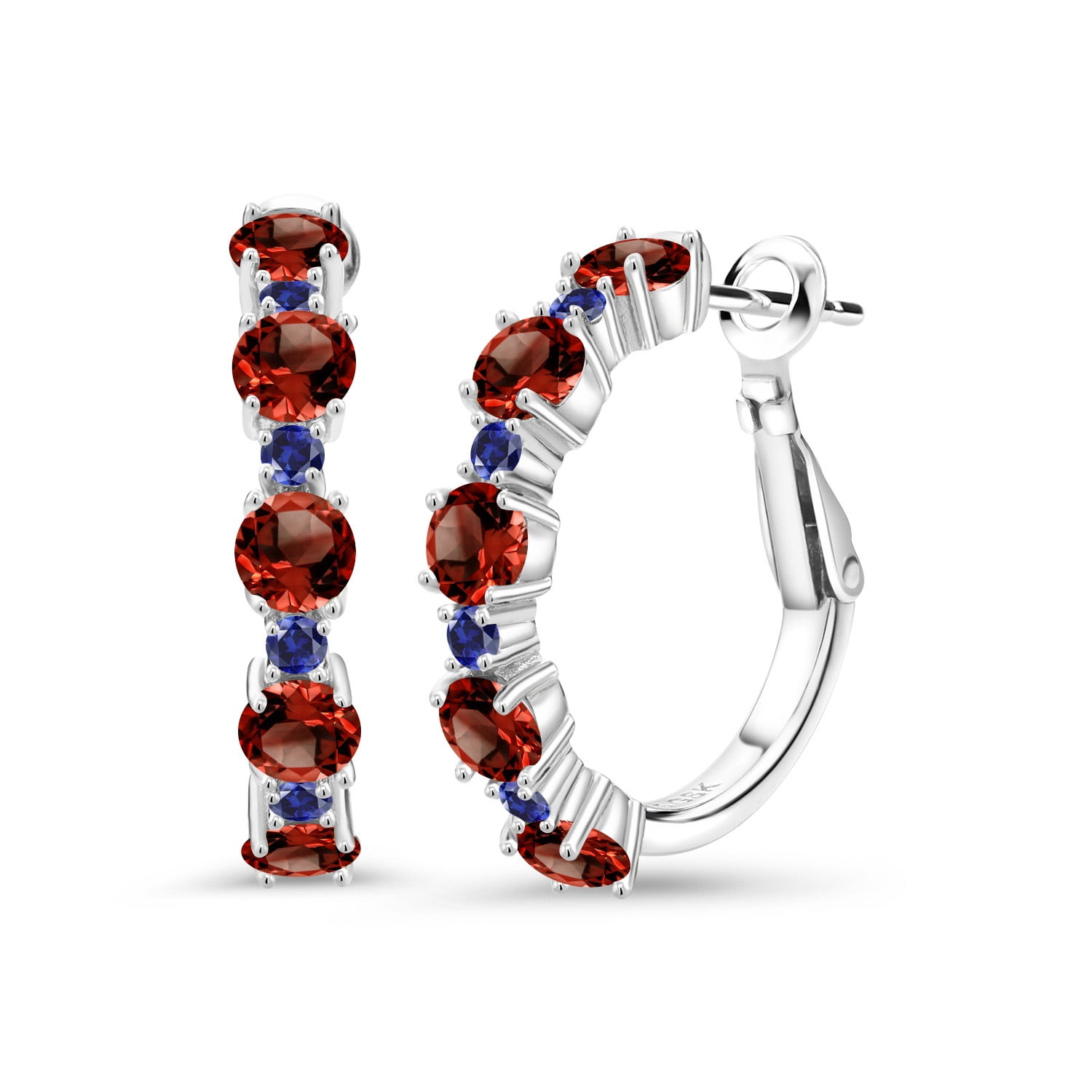 Gem Stone King 925 Sterling Silver Red Garnet and Blue Created Sapphire Hoop Earrings for Women (4.06 Cttw, Round 4MM and 1.9MM, Gemstone Birthstone 1 inch Diameter)