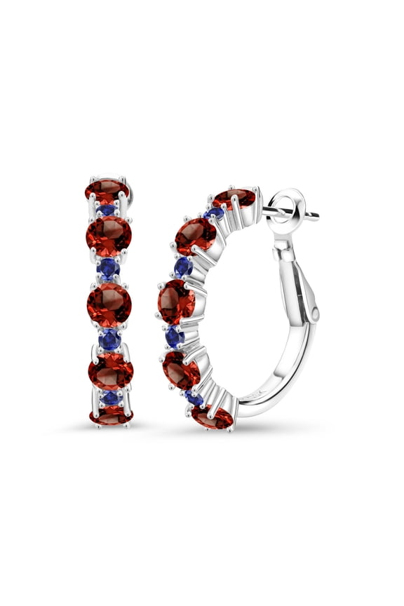925 Sterling Silver Red Garnet and Blue Created Sapphire Hoop Earrings for Women (4.06 Cttw, Round 4MM and 1.9MM, Gemstone Birthstone 1 inch Diameter)