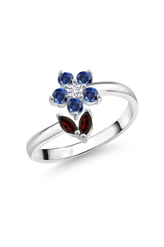 Red Garnet Blue Created Sapphire and White Lab Grown Diamond Flower Open Ring for Women | 925 Sterling Silver | 0.72 Cttw | Gemstone January Birthstone | Size 5, 6, 7, 8, 9 | Size 6