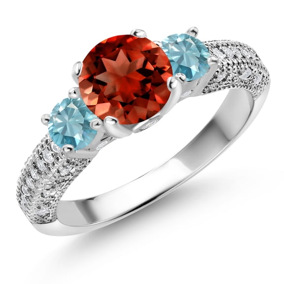 Gem Stone King 925 Sterling Silver Red Garnet Blue Zircon and White Moissanite Engagement Ring for Women (2.58 Cttw, Gemstone January Birthstone, Round 7MM and 4MM, Size 6)