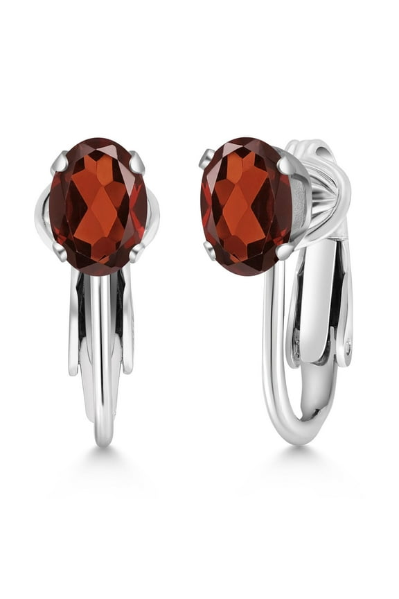 925 Sterling Silver Red Garnet Clip-On Earrings, 1.80 Cttw Oval 7X5MM