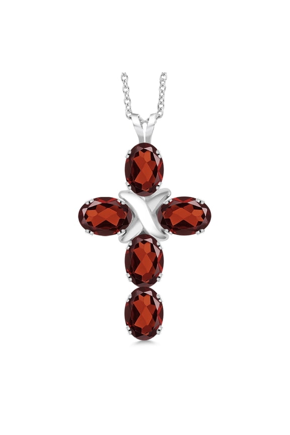925 Sterling Silver Red Garnet Cross Pendant Necklace for Women (2.75 Cttw, Gemstone January Birthstone, Oval 6X4MM, With 18 inch Silver Chain)