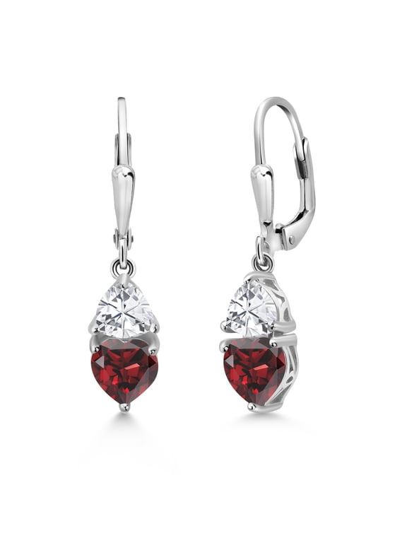 3.54 Cttw Red Garnet Dangle Leverback Earrings for Women | 925 Sterling Silver | Gemstone January Birthstone | Heart Shape 6MM and Trillion 5MM