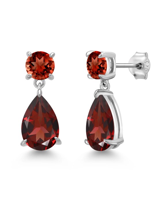 925 Sterling Silver Red Garnet Teardrop Dangle Drop Earrings for Women (8.34 Cttw, Gemstone Birthstone, Pear Shape 12x8MM, Round 6MM)