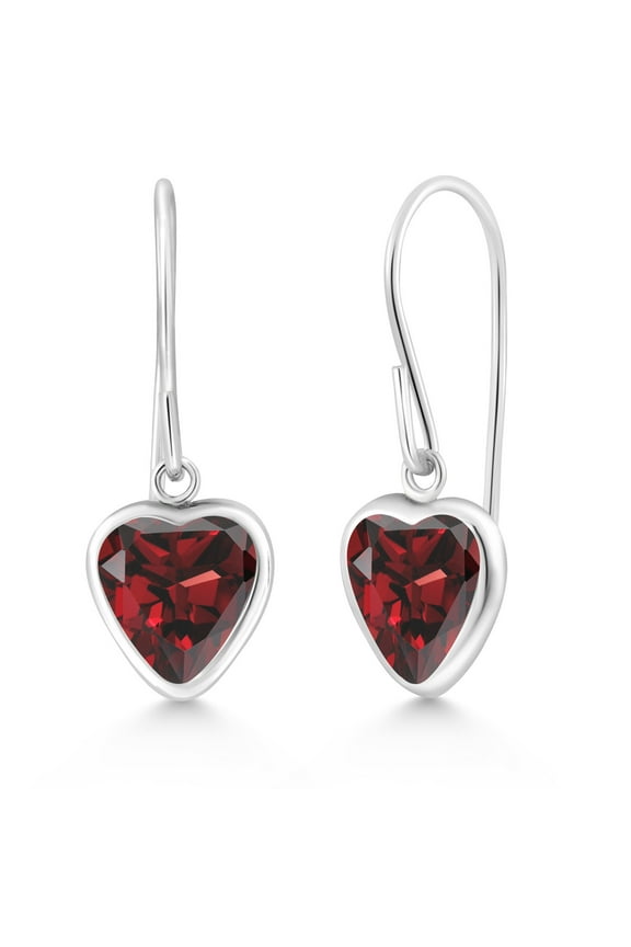 925 Sterling Silver Red Garnet French Wire Dangle Hook Earrings for Women (2.00 Cttw, Gemstone January Birthstone, Heart Shape 6MM)