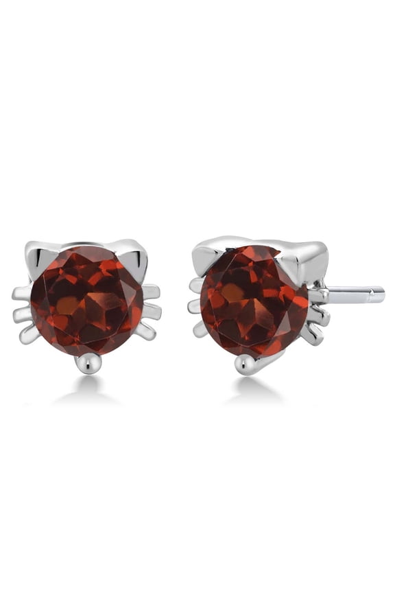 925 Sterling Silver Red Garnet Kitty Cat Stud Earrings for Women Men (1.10 Ct, Gemstone Birthstone, Round 5MM)