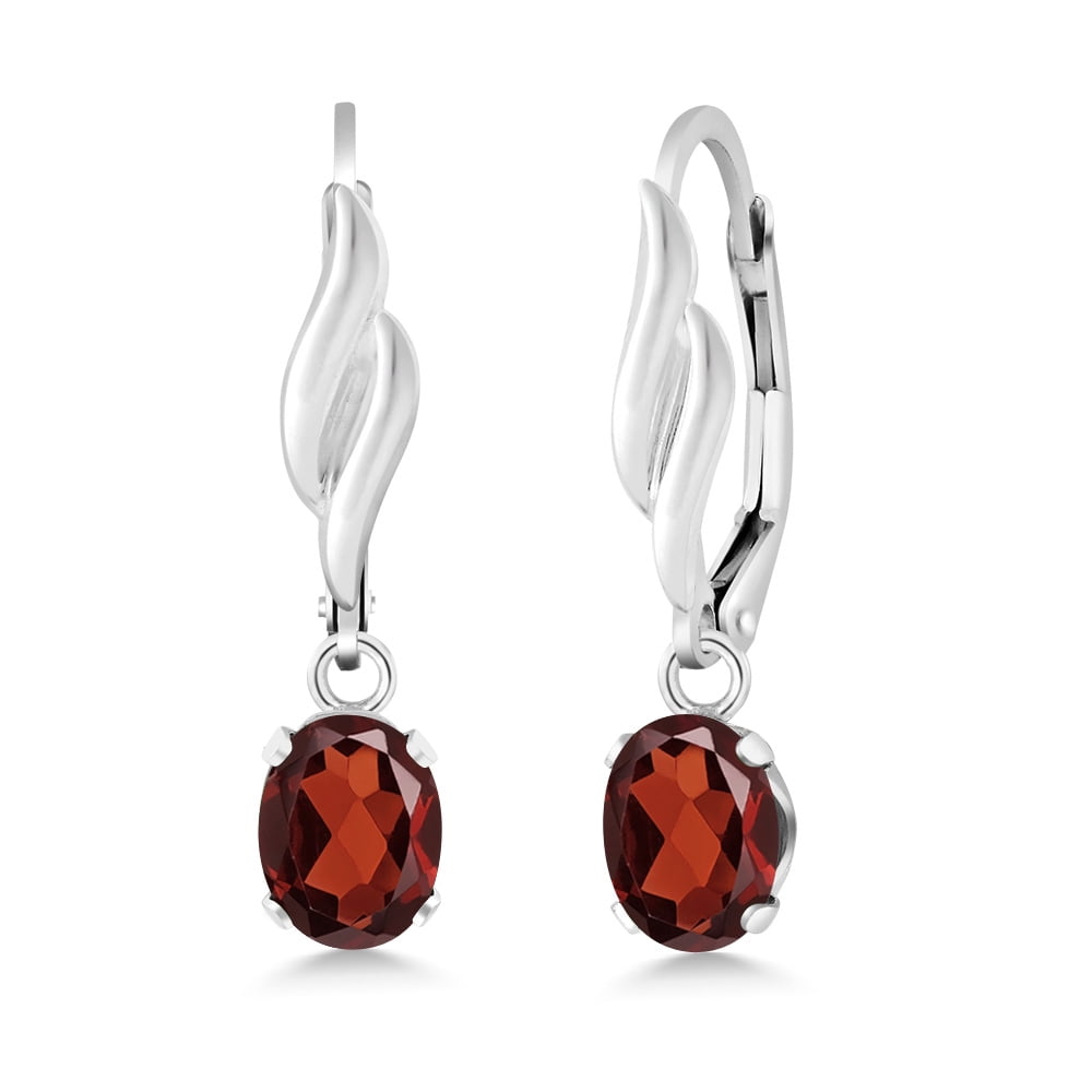 Gem Stone King 925 Sterling Silver Red Garnet Leverback Dangle Drop Earrings for Women (1.74 Cttw, Gemstone January Birthstone, Oval 7X5MM)