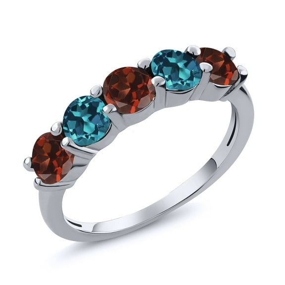 Gem Stone King 925 Sterling Silver Red Garnet and London Blue Topaz Wedding Band Ring for Women 1.00 Cttw, Round 3.5MM, Gemstone January Birthstone (Size 5)