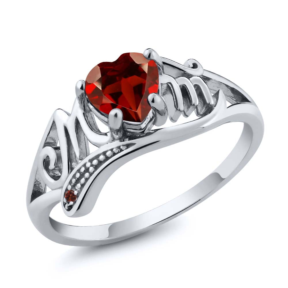 Gem Stone King 925 Sterling Silver Red Garnet Mothers Day MOM Ring for Women (0.56 Cttw, Heart Shape, Gemstone Birthstone, Available in Size 5, 6, 7, 8, 9)