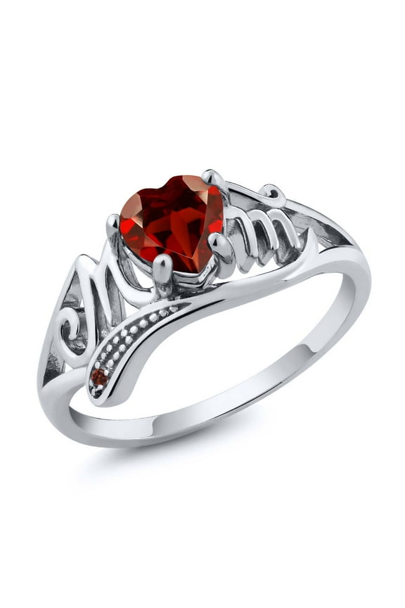 925 Sterling Silver Red Garnet Mothers Day MOM Ring for Women (0.56 Cttw, Heart Shape, Gemstone Birthstone, Available in Size 5, 6, 7, 8, 9)