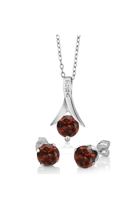 925 Sterling Silver Red Garnet Pendant and Earrings Jewelry Set for Women (2.25 Cttw, Gemstone Birthstone, 6MM Each Garnet, With 18 inch Silver Chain)