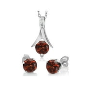 Gem Stone King 925 Sterling Silver Red Garnet Pendant and Earrings Jewelry Set (2.25 Cttw, 18 inches Chain)