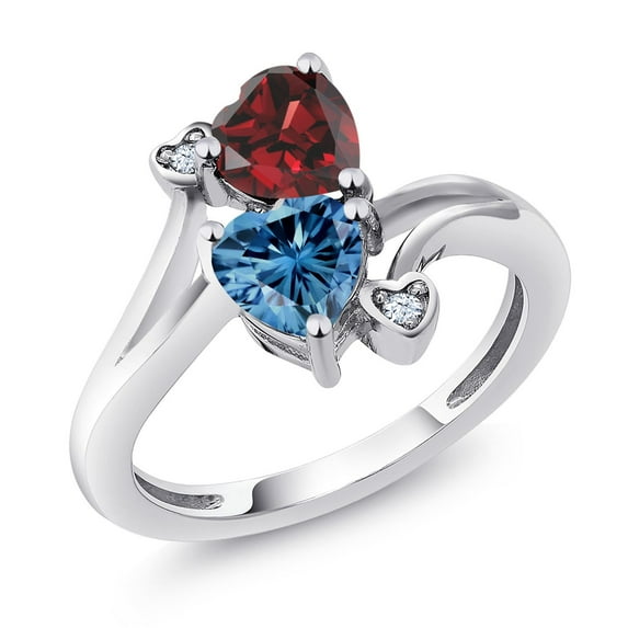 Gem Stone King 925 Sterling Silver Red Garnet Persian Blue Moissanite Ring for Women (1.83 Cttw, Heart Shape 6MM, Gemstone January Birthstone, Size 9)
