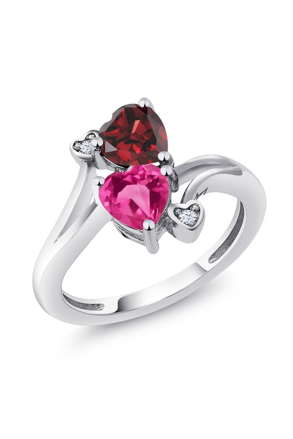 925 Sterling Silver Red Garnet Pink Created Sapphire Ring for Women (1.83 Cttw, Heart Shape 6MM, Gemstone January Birthstone, Size 9)