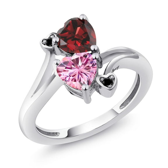 Gem Stone King 925 Sterling Silver Red Garnet Pink Moissanite and Black Diamond Ring for Women (1.83 Cttw, Heart Shape 6MM, Gemstone January Birthstone, Size 6)