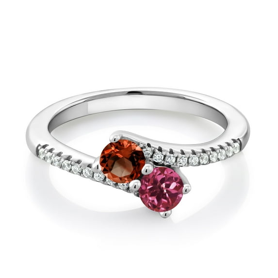 Gem Stone King 925 Sterling Silver Red Garnet and Pink Tourmaline Bypass Ring for Women (0.86 Cttw, Gemstone January Birthstone, Round 4MM, Size 8)