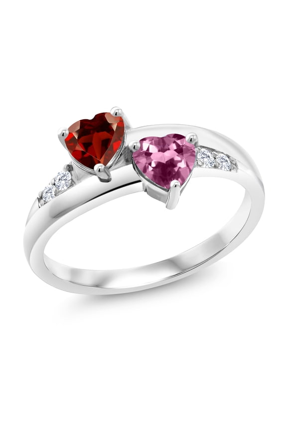 925 Sterling Silver Red Garnet and Pink Tourmaline with White Lab Grown Diamond Ring for Women (1.07 Cttw, Heart Shape 5MM, Size 6)