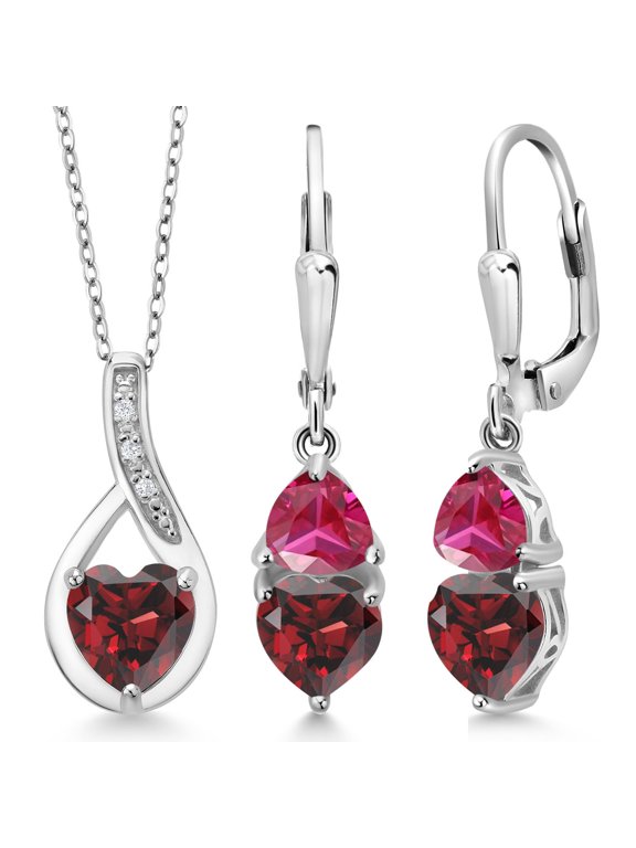 925 Sterling Silver Red Garnet and Red Created Ruby Pendant Earrings Set for Women (4.16 Cttw, Gemstone January Birthstone, with 18 inch Chain)
