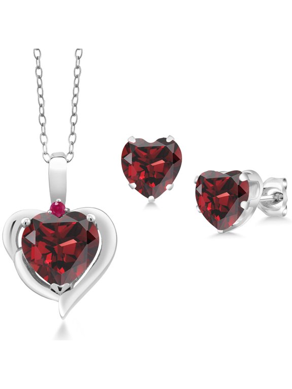 925 Sterling Silver Red Garnet and Red Ruby Pendant Necklace Earrings Set for Women (4.02 Cttw, Heart Shape 8MM and 6MM, with 18 inch Chain)