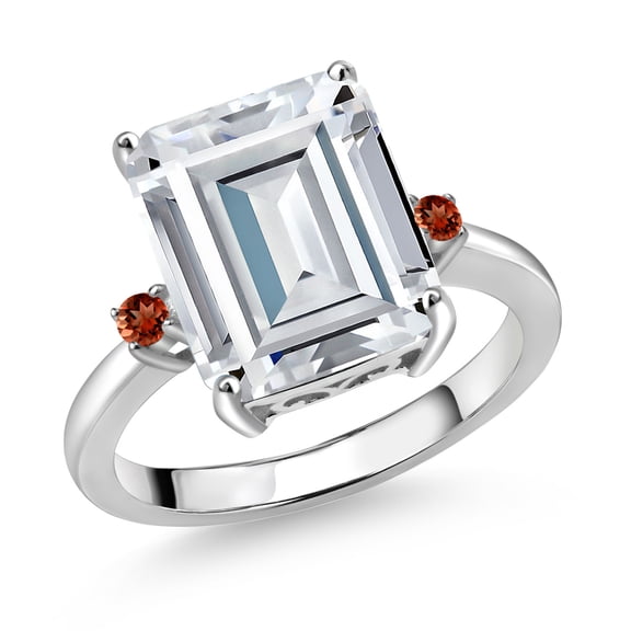 Gem Stone King 925 Sterling Silver Red Garnet Ring Set with Emerald Cut Moissanite (7.48 Cttw) (Size 5)