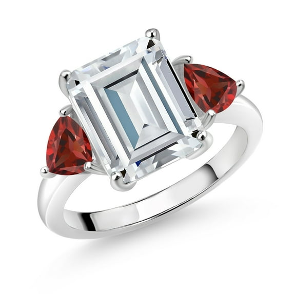 Gem Stone King 925 Sterling Silver Red Garnet Ring Set with Emerald Cut Moissanite (8.46 Cttw)