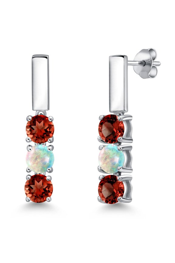 925 Sterling Silver Red Garnet and Simulated White Opal Drop Dangle Earrings for Women | 1.60 Cttw | Gemstone January Birthstone | Round 5MM