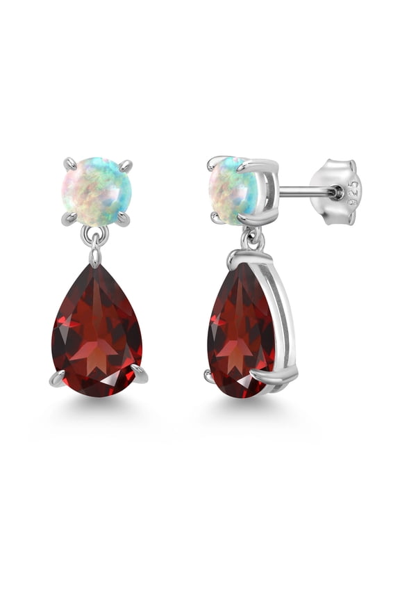 925 Sterling Silver Red Garnet and Simulated White Opal Earrings for Women | 8.34 Cttw | Gemstone January Birthstone | Pear Shape 12X8MM