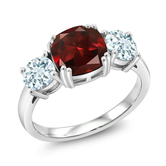 Gem Stone King 3.50 Cttw Red Garnet and Sky Blue Aquamarine 3-Stone Engagement Ring for Women | 925 Sterling Silver | Cushion 8MM | Wedding Engagement Anniversary Promise Ring for Women | Size 7