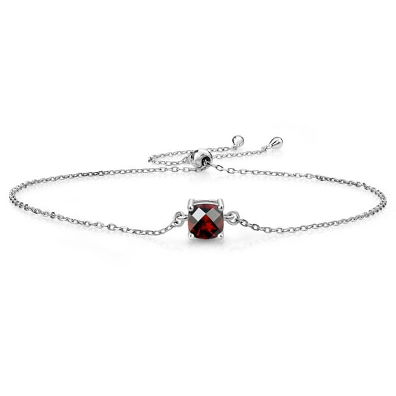 Gem Stone King 925 Sterling Silver Red Garnet Solitaire Bracelet for Women (0.95 Cttw, Cushion Checkerboard Cut 6MM)
