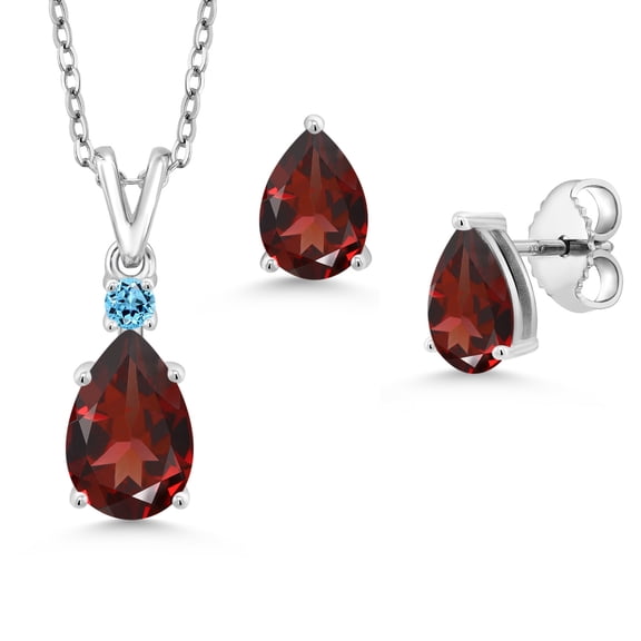 Gem Stone King 925 Sterling Silver Red Garnet and Swiss Blue Topaz Pendant and Earrings Jewelry Set for Women | 3.04 Cttw | Gemstone January Birthstone | Pear Shape 9X6MM | With 18 inch Chain