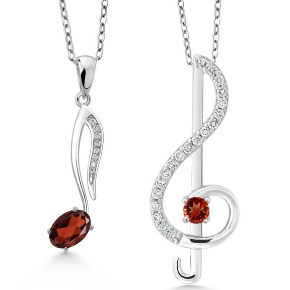 Gem Stone King 925 Sterling Silver Red Garnet Treble Clef and Eighth Note 2 Pcs Music Pendant Necklace Jewelry Set for Women By Keren Hanan (1.07 Cttw, January Birthstone, Oval 6X4MM, Round 3MM)