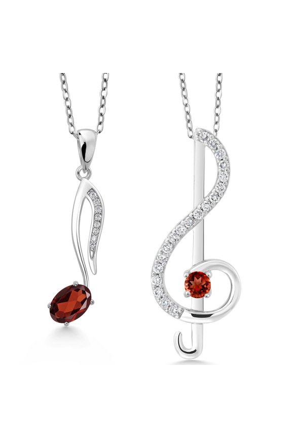 925 Sterling Silver Red Garnet Treble Clef and Eighth Note 2 Pcs Music Pendant Necklace Jewelry Set for Women By Keren Hanan (1.07 Cttw, January Birthstone, Oval 6X4MM, Round 3MM)