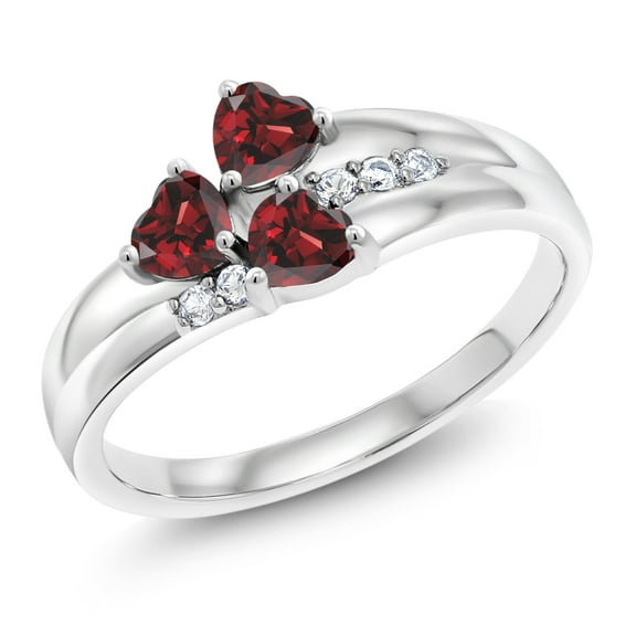 Gem Stone King 925 Sterling Silver Red Garnet and White Created Sapphire 3-Stone Ring for Women (1.07 Cttw, Heart Shape 4MM, Gemstone January Birthstone, Size 5)