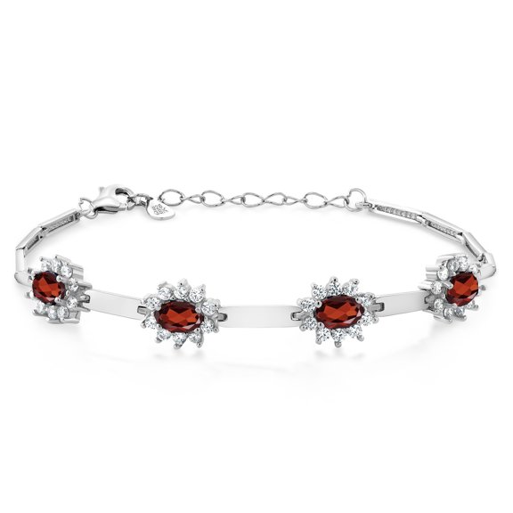 Gem Stone King 925 Sterling Silver Red Garnet and White Created Sapphire Bracelet for Women (3.88 Cttw, Gemstone January Birthstone, Oval 6X4MM, 7 inch + 1 inch Extender)