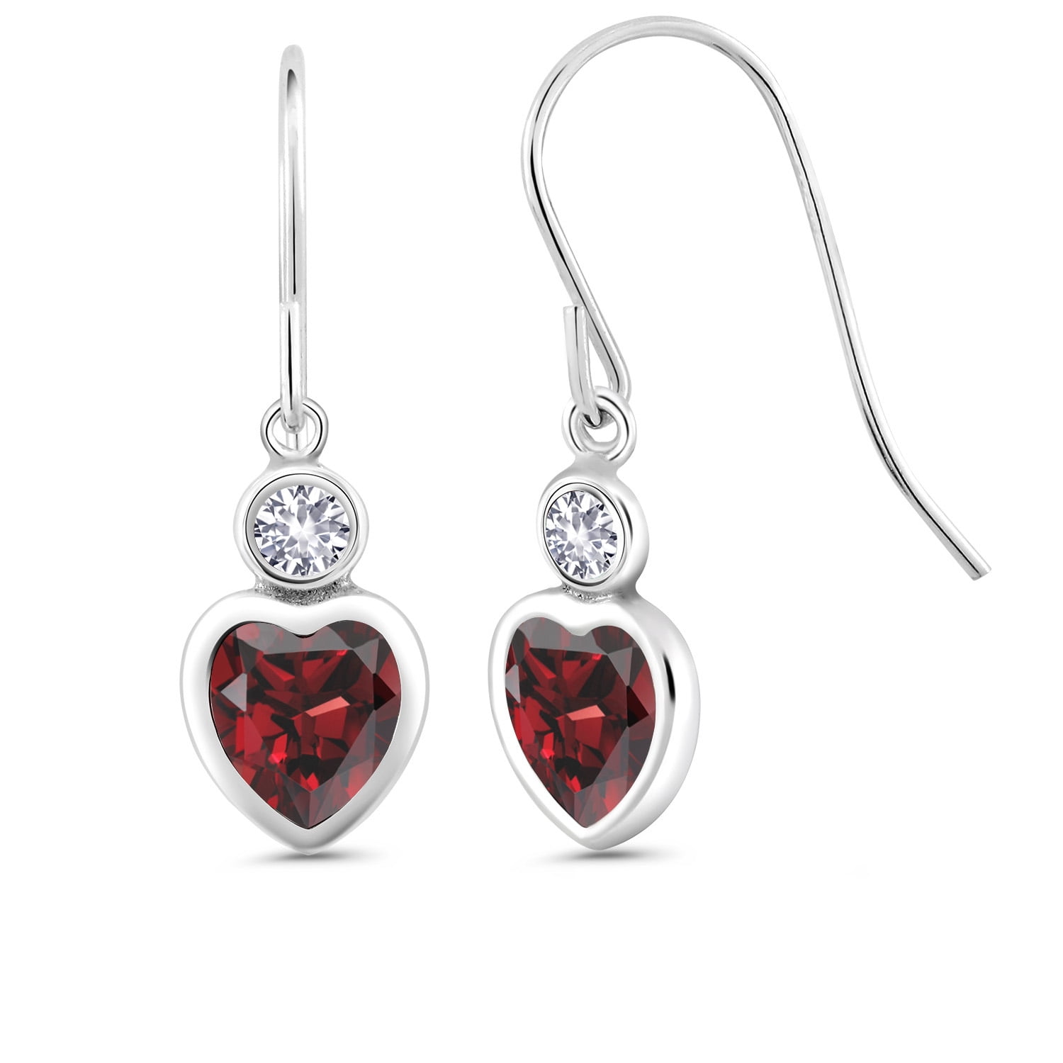 Gem Stone King 925 Sterling Silver Red Garnet and White Created Sapphire French Wire Dangle Hook Earrings for Women (2.26 Cttw, Gemstone January Birthstone, Heart Shape 6MM)