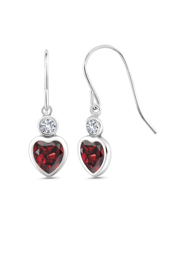 925 Sterling Silver Red Garnet and White Created Sapphire French Wire Dangle Hook Earrings for Women (2.26 Cttw, Gemstone January Birthstone, Heart Shape 6MM)